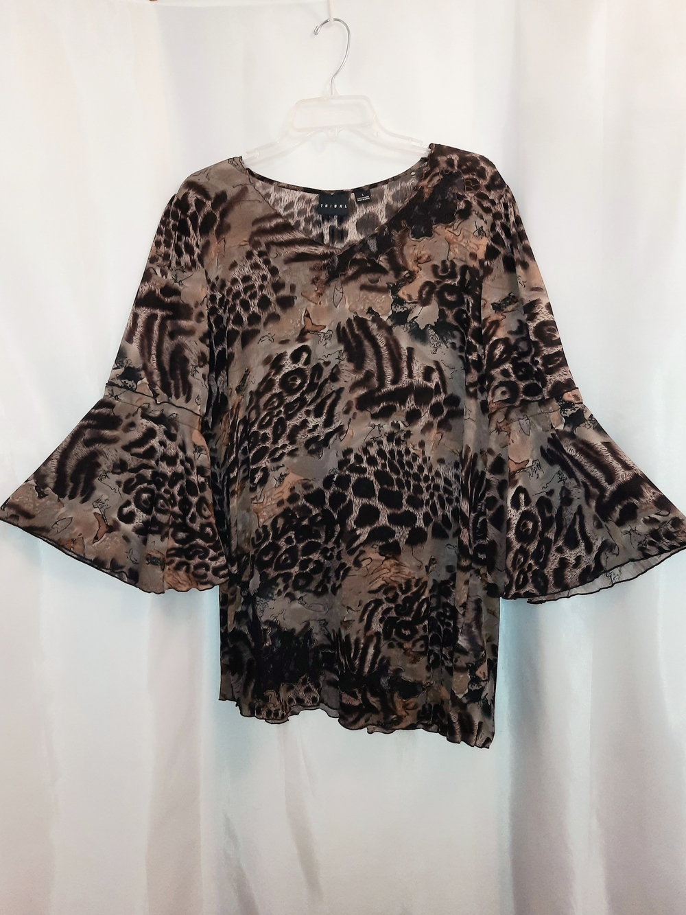 Tribal Sheer Animal Print & Lace Bell Sleeve Top Taupe, Brown & Black Womens LG